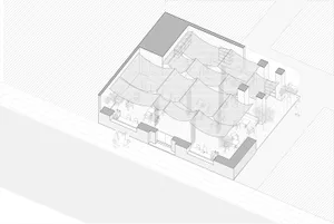 Architectural rendering of a modern building with a unique roof and seating areas, featuring chairs and a well-designed living environment