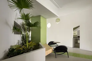 A living area with green walls, white floors, a black chair, a smaller chair, a dining table, and potted plants