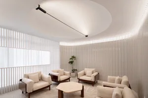 Open living area with white walls, couches, a coffee table, and a potted plant, creating a bright and airy atmosphere