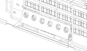 2D floor plan of a modern building with several rooms, including a room with a bench, and windows on the facade
