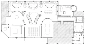 2D floor plan of a modern building with various rooms and functional areas, showcasing efficient space use and contemporary design elements