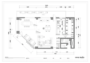 Detailed modern office space floor plan with a staircase, white walls, and clean lines