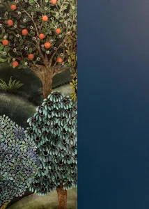 A colorful painting of a tree in front of a blue wall, surrounded by flowers and foliage