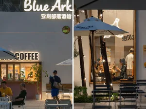 Exterior and interior views of a coffee shop with outdoor seating and interior tables, creating a relaxed and inviting atmosphere