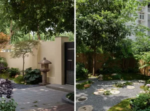 A well-maintained outdoor area with trees, a building, potted plants, benches, a birdhouse, and decorative bowls, creating a pleasant and inviting atmosphere