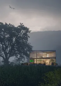 A serene modern house surrounded by trees, featuring large windows, comfortable seating, and a peaceful atmosphere