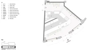 A modern floor plan with white surfaces, showcasing a kitchen, dining room, living room, and other rooms connected by hallways