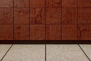 Architectural rendering of a kitchen with a brown wooden cabinet, multiple drawers, and a traditional design