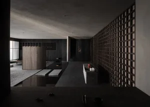Empty modern kitchen with a dark atmosphere, featuring a sink surrounded by decorative vases and kitchenware