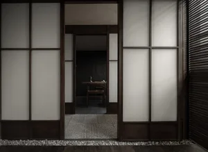 Cozy Asian-style dining room with wooden doors and walls, a dining table, chairs, and a vase, creating a warm and inviting atmosphere