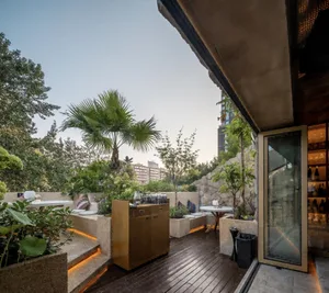A modern living area with a kitchen, dining table, lounge area, and multiple potted plants, creating a cozy atmosphere