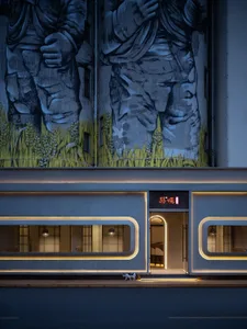 A creative representation of a building's interior with a large painting on the wall featuring chairs, dining tables, and a dog, showcasing the artist's interpretation of the space