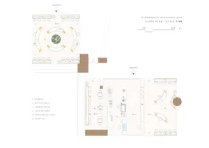 2D floor plan of a modern restaurant with wood and metal elements, featuring seating arrangements, potted plants, and dim lighting