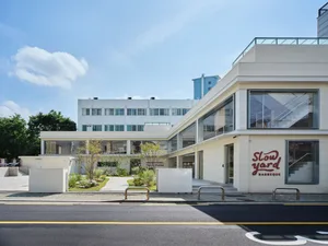 Modern building with a white concrete facade, large window, and potted plants, bathed in natural light