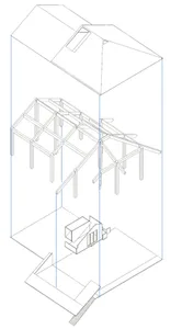 A building under construction with a mix of traditional and modern architectural styles, featuring wooden beams, metal components, and a combination of indoor and outdoor spaces
