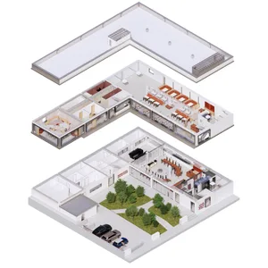 A 2D floor plan of an open office space with multiple rooms, chairs, and potted plants, conveying a sense of spaciousness and functionality