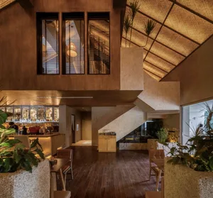 Open living area with a wooden staircase, two chairs, and potted plants, featuring a warm and inviting atmosphere