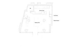 Black and white floor plan of a hotel or office complex with various rooms, including a lobby, sitting area, and service area