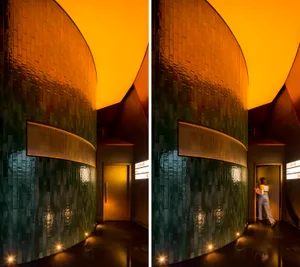 A modern hallway with green tiles on the walls, featuring two people walking in one image and one person in the other, set in a well-lit space