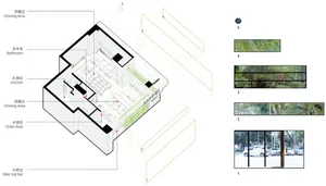 2D floor plan of a modern home interior with green accents on some walls, featuring various rooms including a kitchen and living area