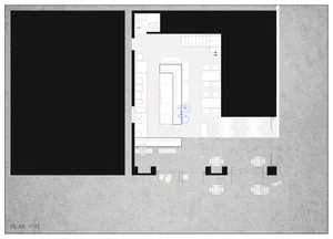 Empty black and white room with chairs placed throughout, creating a minimalist and simple atmosphere