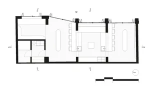 Architectural drawing of a multi-level residential interior with a dining area and kitchen, featuring various rooms and levels
