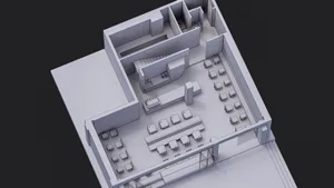 2D floor plan of an office space with multiple chairs and dining tables, featuring a modern workspace design