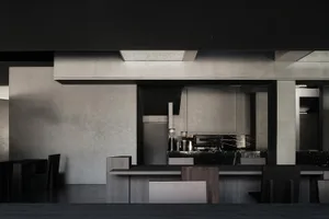 Modern kitchen with a wooden countertop, black walls, and silver appliances, featuring a sleek and contemporary atmosphere