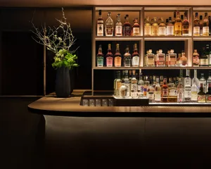 高雅酒吧區展示烈酒瓶與酒杯，適合社交與品嚐各種飲品