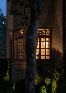 A house with a brick facade stands under the gentle glow of the moonlight, with a large tree casting a dramatic shadow in front of it
