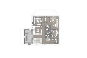 Architectural rendering of a large house with various rooms and a mix of styles, well-lit with natural and artificial light