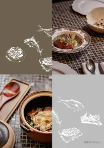 餐廳區域擺放盤子與餐具，包括盛有魚與麵條的碗、魚料理盤子，以及湯匙