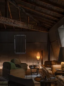 Cozy living room with wooden floors, walls, and ceiling, featuring a couch, chair, dining table, and various decorative items