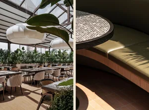 Elegant restaurant interior with multiple dining tables, chairs, potted plants, and vases, accompanied by a floor plan showing the layout of the restaurant