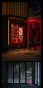 Modern Asian restaurant with red walls, black accents, and a stylish interior, featuring two people in the scene