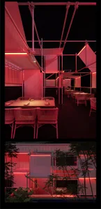 A well-lit dining area with multiple tables and chairs, possibly in a restaurant or similar establishment
