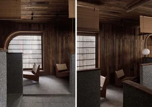 Two views of a room with wooden floors and walls, featuring a window, chairs, a bench, and a couch, creating a warm and inviting atmosphere