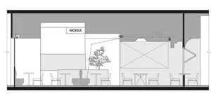 Modern restaurant interior with seating arrangements, dining tables, chairs, and minimalistic decorations