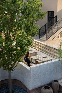 A relaxed outdoor dining area with a table surrounded by chairs, greenery, and various items, creating a pleasant atmosphere