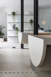 Modern interior design showroom with a large white countertop, circular object, and potted plants, featuring a bright and welcoming atmosphere