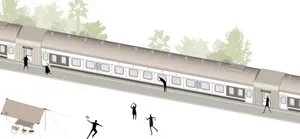 A lively scene of people playing baseball on a train platform, capturing a moment of socialization and fun