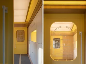 A modern room with a yellow wall and window, shown alongside its floor plan with detailed layout and linework