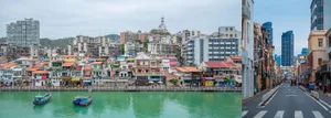 A bustling cityscape with a large body of water surrounded by diverse buildings and boats, featuring multiple people and a lively atmosphere