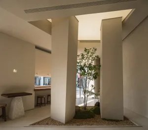 A calm and inviting indoor space with a tree growing through a large white wall, featuring two chairs and a dining table, surrounded by greenery
