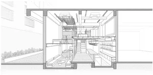 Modern kitchen with appliances, fixtures, and empty space for furniture and decor