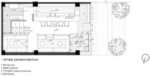 Modern living space with a kitchen area, dining table, and multiple seating options, including couches and benches
