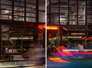 A blurry image of a cafe with people sitting at tables, enjoying their time, with chairs, cups, and bottles present
