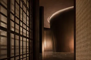 Dark hallway with stone walls, wooden floor, and a vase, featuring two doors and a mysterious atmosphere