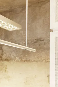 Cozy living space with a brick wall, a metal lamp, and dim lighting