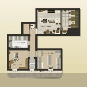 2D floor plan of a modern house with multiple rooms, including a kitchen, dining area, living room, and bedroom, with furniture placement and room dimensions
